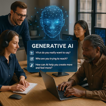 Diverse team using generative AI in an office, symbolising prompt engineering and collaborative creativity.