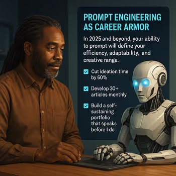 Writer and AI assistant working side-by-side — prompt engineering as career skill and productivity tool.