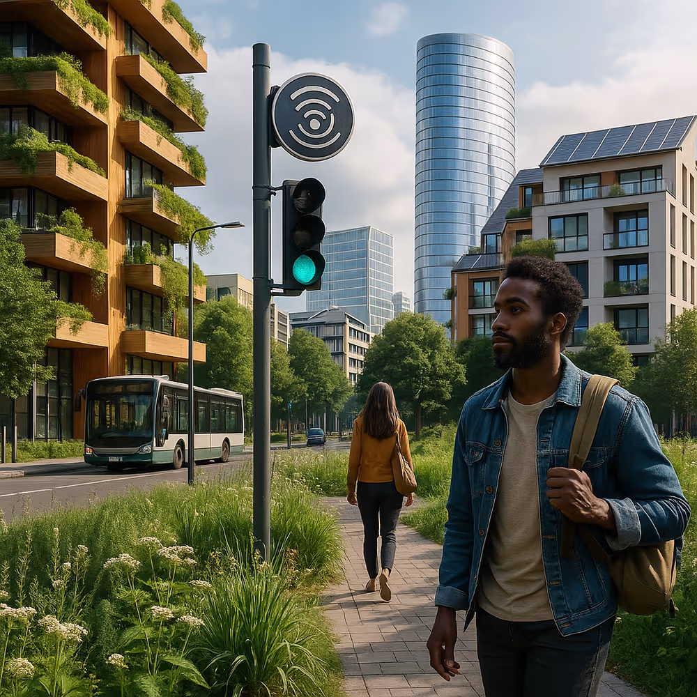 Futuristic smart city skyline with green roofs and solar-clad towers above mixed housing.
