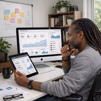 Black digital creator reviewing LinkedIn carousel analytics with holographic engagement icons in a minimalist workspace.