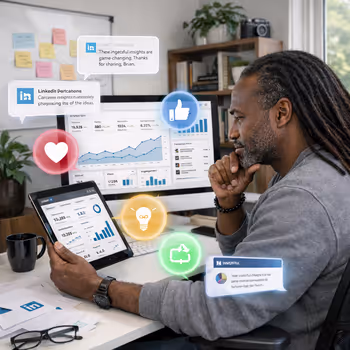 Content creator analyzing LinkedIn carousel performance metrics on tablet with floating engagement icons.