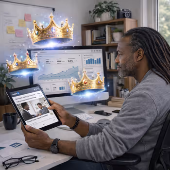 Digital creator examining LinkedIn data with glowing crowns symbolizing authority and high-performing carousels.
