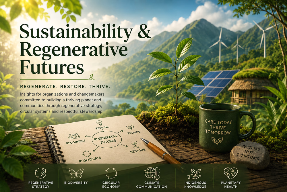 A green and lush mountainous landscape, signifying the end-products of sustainable and regenerative futures.