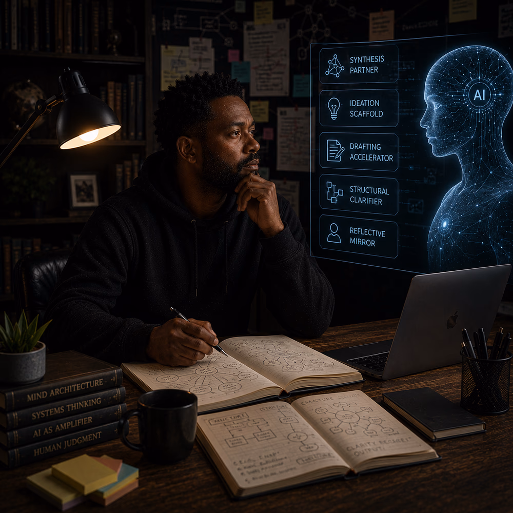 Black strategist uses AI as a cognitive partner, blending systems thinking, reflection, and human judgment.