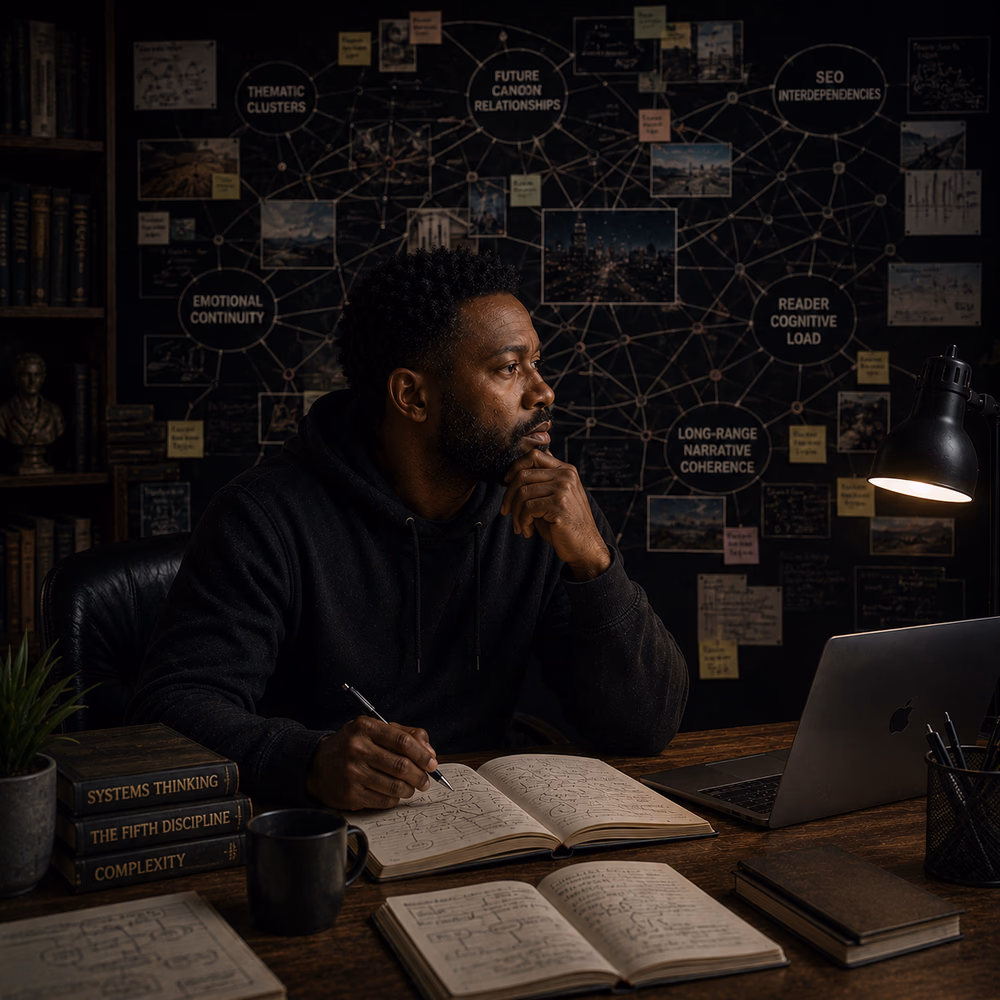 Black strategist maps interconnected systems and long-range ideas, reflecting on complexity, patterns, and structure.