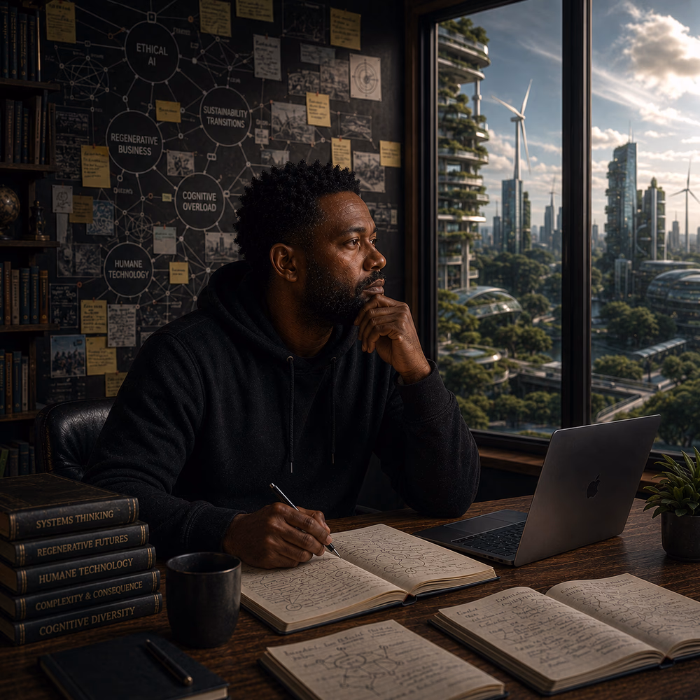 Black strategist reflects on interconnected futures, exploring cognitive diversity, sustainability, and humane technology.