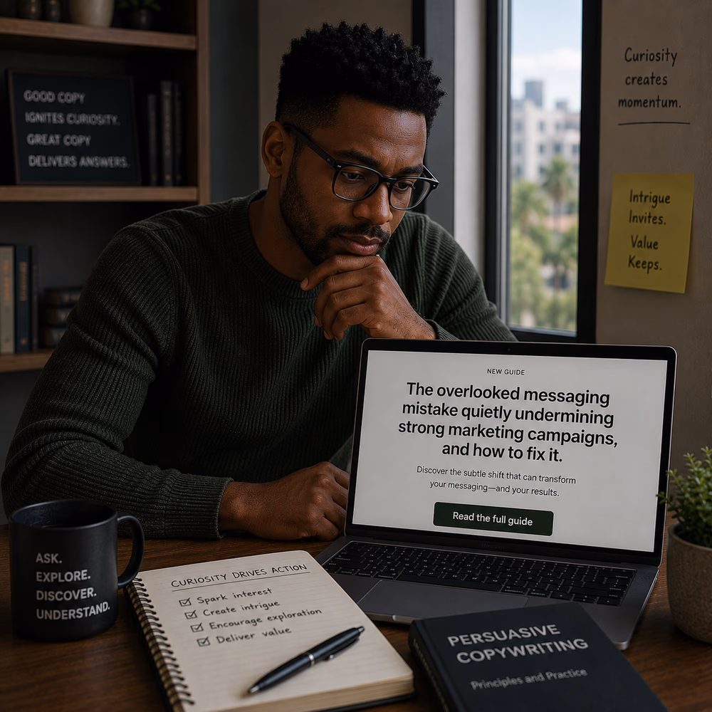 Black copywriter studies a compelling headline, illustrating how curiosity and information gaps drive engagement.
