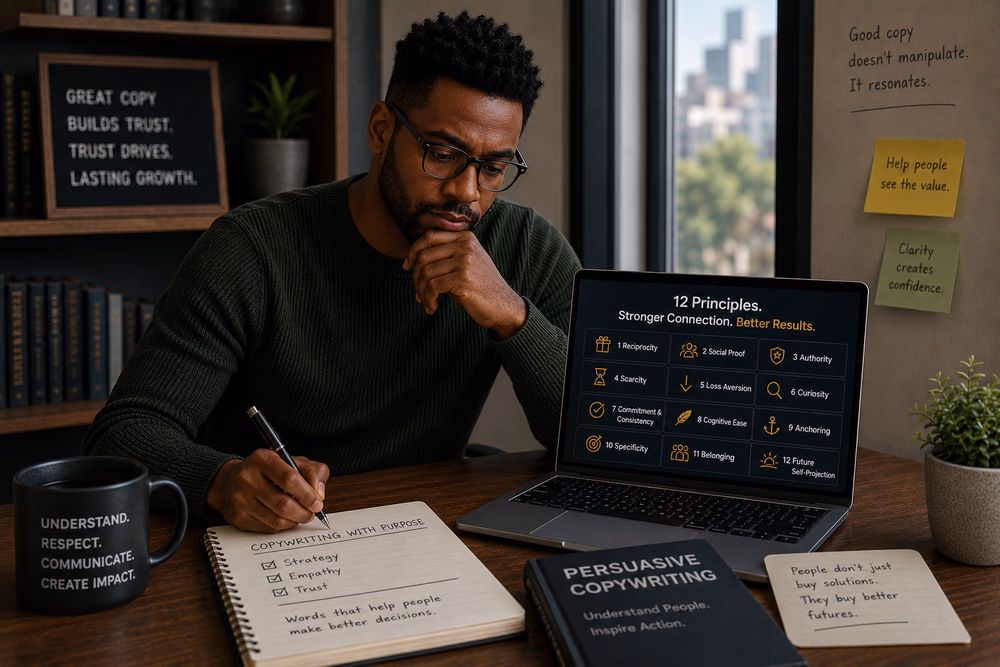 Black copywriter reflects at his desk, illustrating how empathy and psychology turn persuasion into trust.