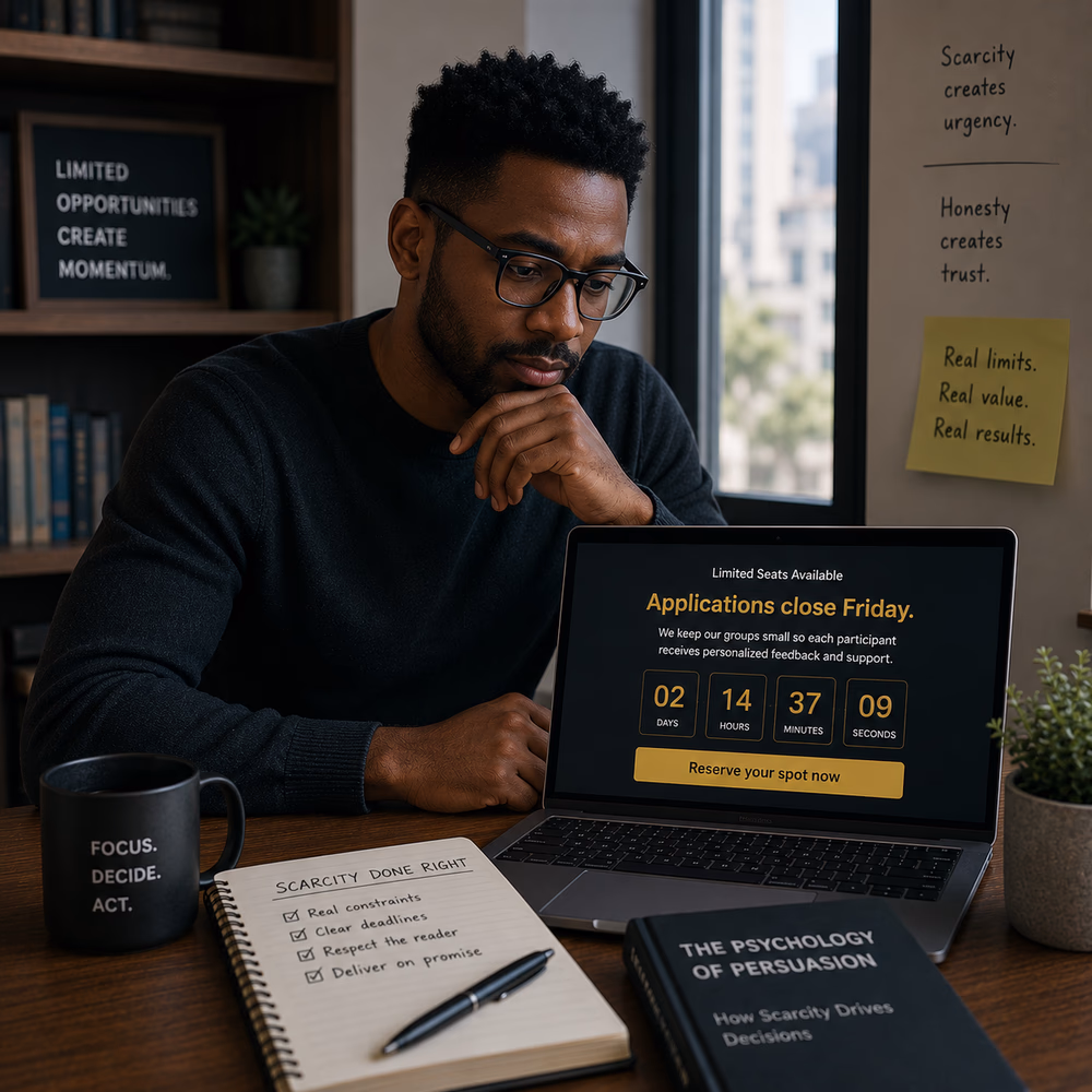 Black copywriter reviews a time-sensitive offer, illustrating how ethical scarcity encourages timely decisions.