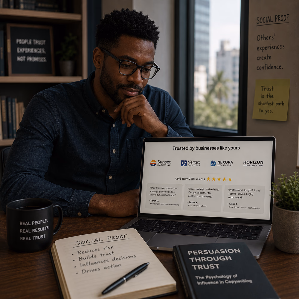 Black copywriter reviews testimonials and client results, illustrating how social proof builds trust and reduces risk.