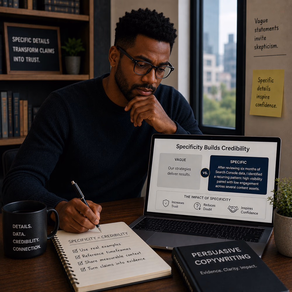 Black copywriter reviews detailed performance data, showing how specificity builds credibility and trust.