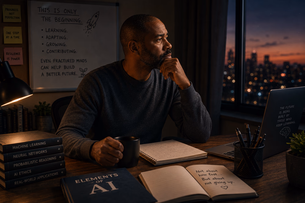 Middle-aged Black man reflects at his desk after studying AI, contemplating resilience, growth, and rebuilding confidence.