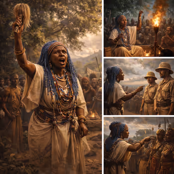 Mekatilili wa Menza leading oath rituals, addressing Giriama communities, and confronting colonial officers, symbolizing spiritual authority as political resistance.