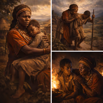 Sogolon Kedjou guiding young Sundiata through exile, nurturing resilience, and shaping the future founder of Mali.