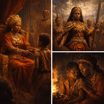 Sogolon Kedjou guiding young Sundiata through exile, nurturing resilience, and shaping the future founder of Mali.