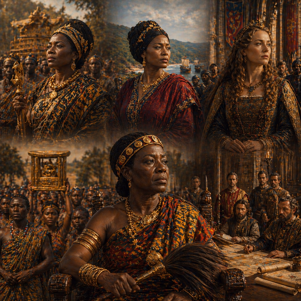 African and European queen leaders—Yaa Asantewaa, Nzinga, Eleanor—symbolizing dynastic authority and guardianship of legitimacy across cultures.