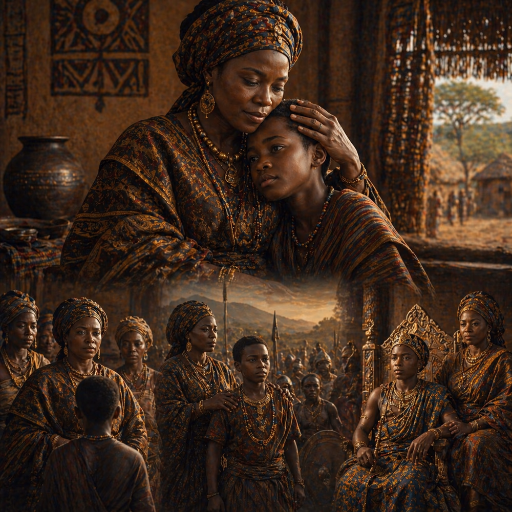 Sogolon Kedjou nurtures young Sundiata, guiding his rise from exile to kingship, symbolizing maternal power shaping destiny.