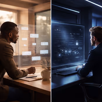 Comparison of transparent AI interface showing reasoning steps versus opaque system delivering unexplained results.