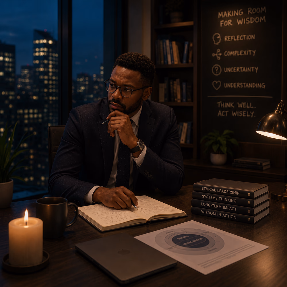 Black executive reflects in a quiet office at night, emphasizing wisdom, deep focus, and thoughtful leadership amid change.