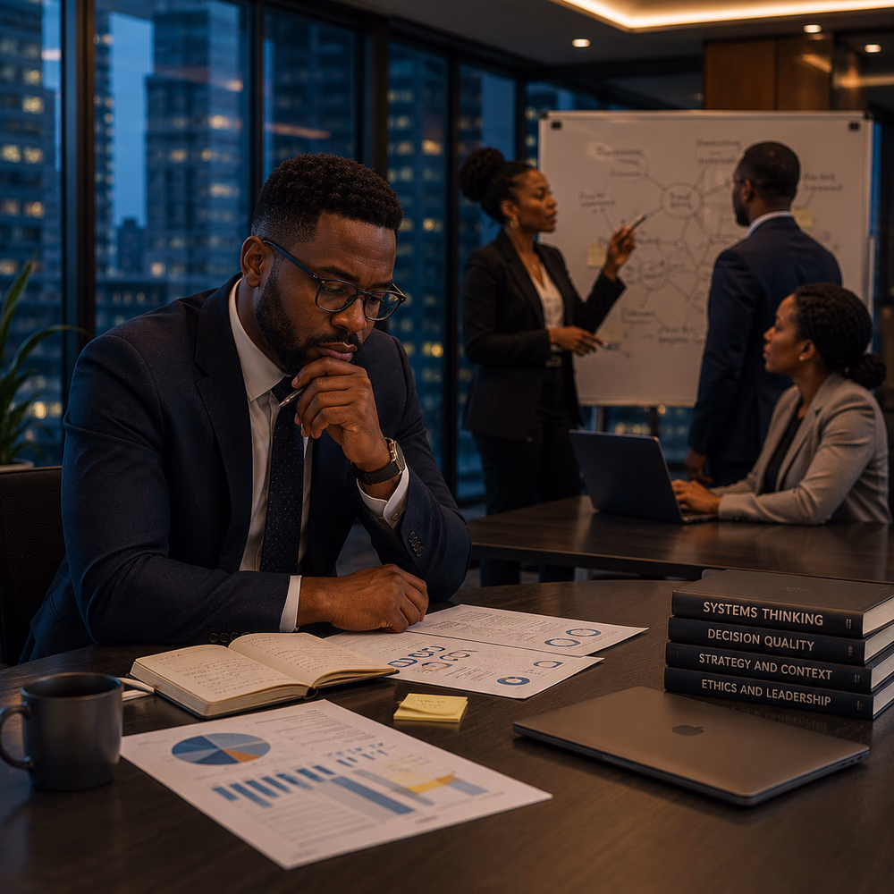 Black executive reflects before responding, highlighting the difference between rapid action, deep analysis, and wisdom.
