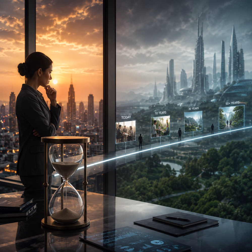 Executive reflects on AI decisions as present and future converge, highlighting intergenerational ethics and long-term governance.
