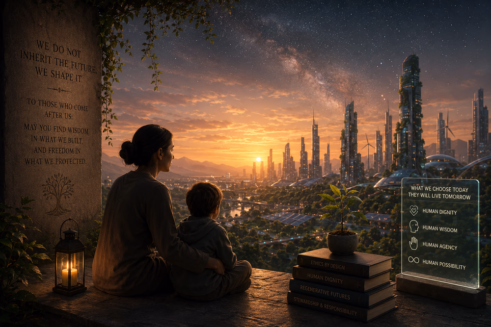 Adult and child overlook a future city, symbolizing ethical AI, human dignity, and the legacy we leave future generations.
