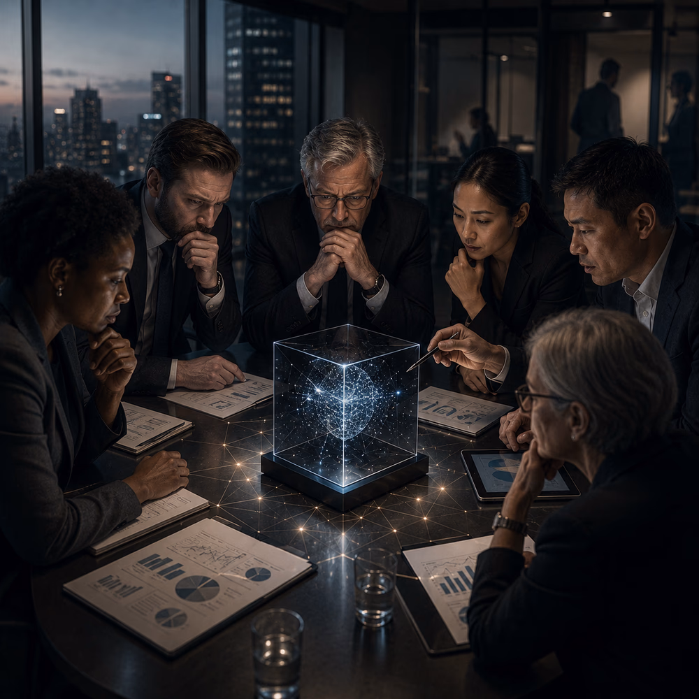 Executives study glowing AI model in boardroom, symbolizing hidden power and ethics behind machine optimization decisions.