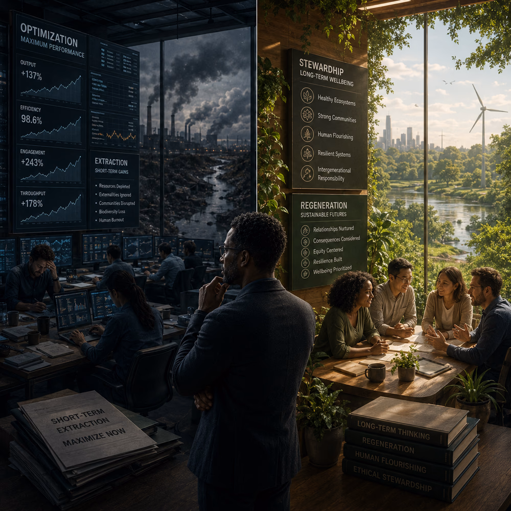 Split scene contrasts extractive AI optimization with regenerative stewardship, highlighting long-term human and ecological impact.