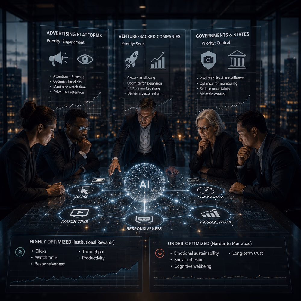Executives analyze AI metrics in boardroom, revealing how institutional incentives shape machine priorities and optimization goals.