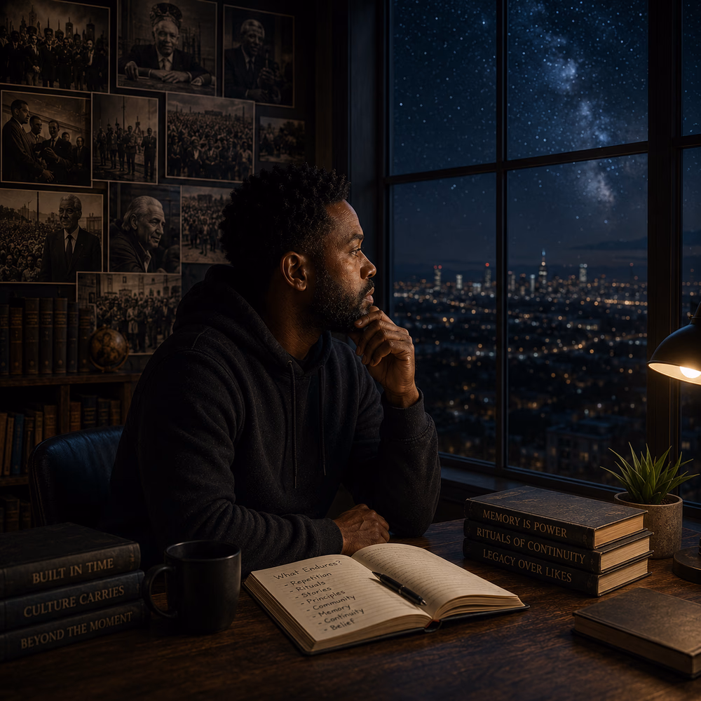Black writer gazes over a city at night, reflecting on memory, continuity, and the enduring power of repetition.