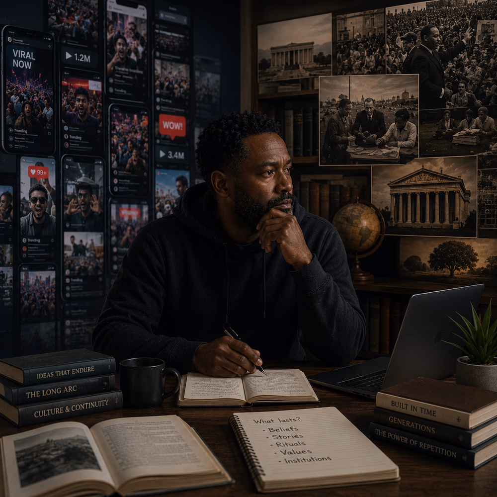 Black creator reflects between viral social feeds and enduring historical movements, exploring influence versus imprinting.