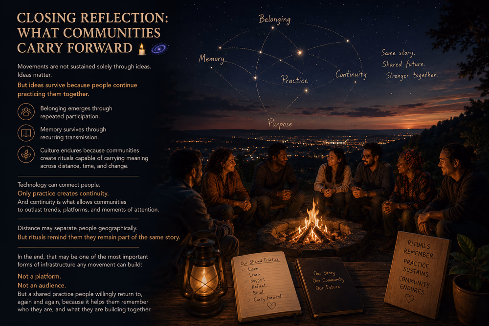 Community members gather around a fire, sharing stories and rituals that preserve belonging, memory, and continuity.