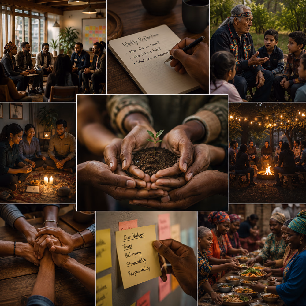 People gather through shared traditions, reflection, storytelling, and service, strengthening belonging through repetition.