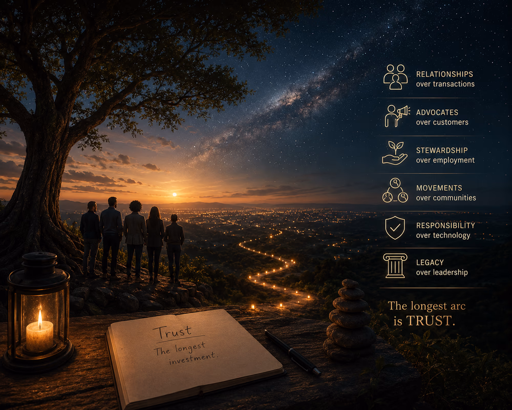 People overlook a glowing horizon beneath a night sky, symbolizing trust, stewardship, and the enduring legacy of patient leadership.