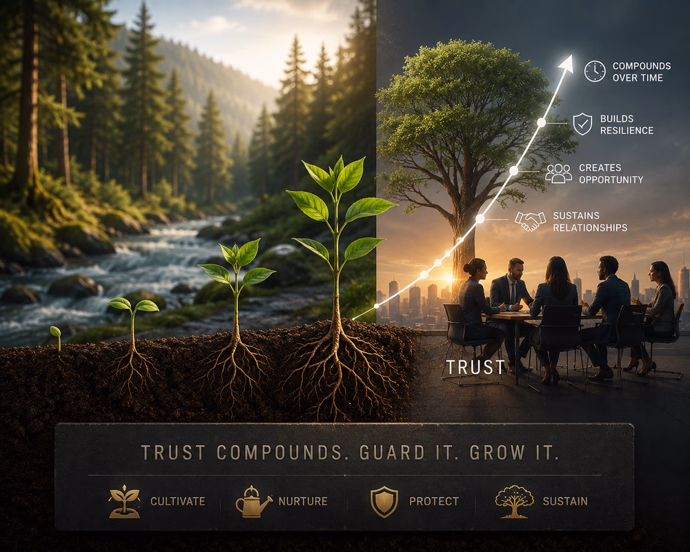 Growing forest and thriving team symbolize regenerative trust, showing how patient stewardship builds resilient organizations over time.