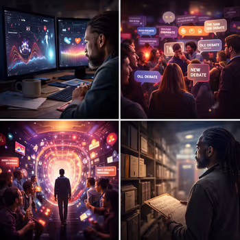 Man analyzing multiple digital screens representing algorithmic prioritization of immediacy over memory.