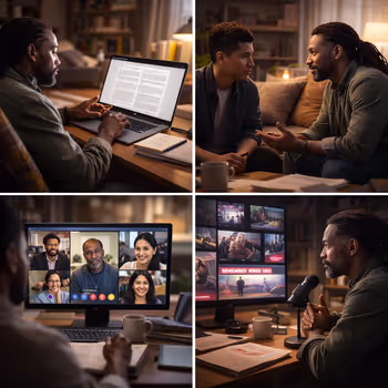 Reflective mentor writing and engaging in intergenerational online dialogue demonstrating digital elderhood.