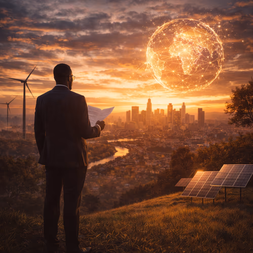 Black leader overlooking city at sunrise with global network sphere, symbolizing moral leadership responsibility beyond thought leadership.