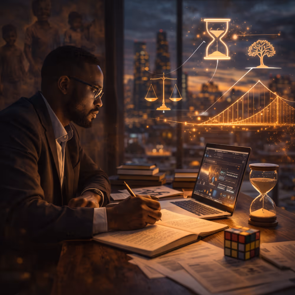 Black strategist working late in city office studies ethical growth models and long-term impact, symbolizing moral leadership in digital era.