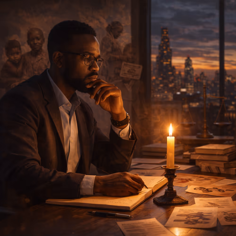Black strategist reflects by candlelight at desk as city skyline glows, symbolizing moral leadership and responsibility beyond ideas.
