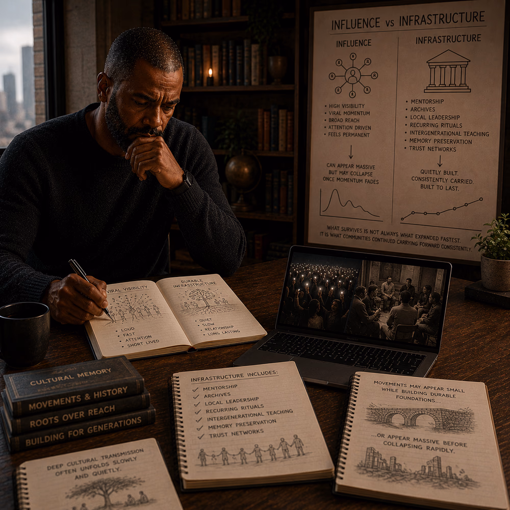 Thoughtful Black strategist reflects on movements, contrasting viral visibility with durable trust and cultural infrastructure.