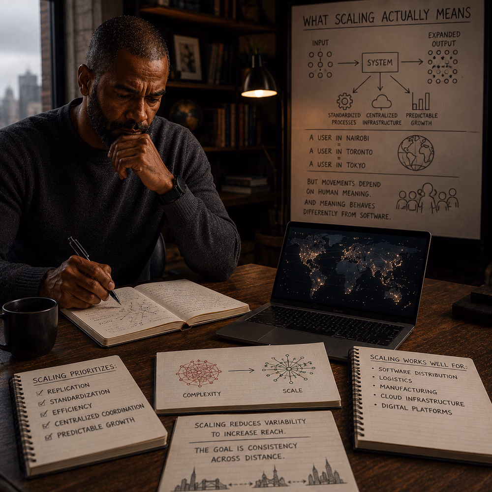 Thoughtful Black strategist studies global scaling systems, reflecting on growth, standardization, and human meaning.