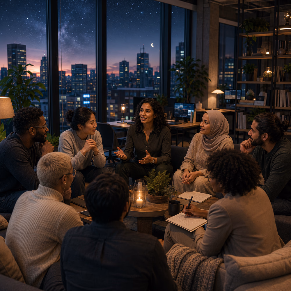 Diverse professionals gather in a care-centered workplace, illustrating how humane systems foster trust, belonging, and lasting excellence.