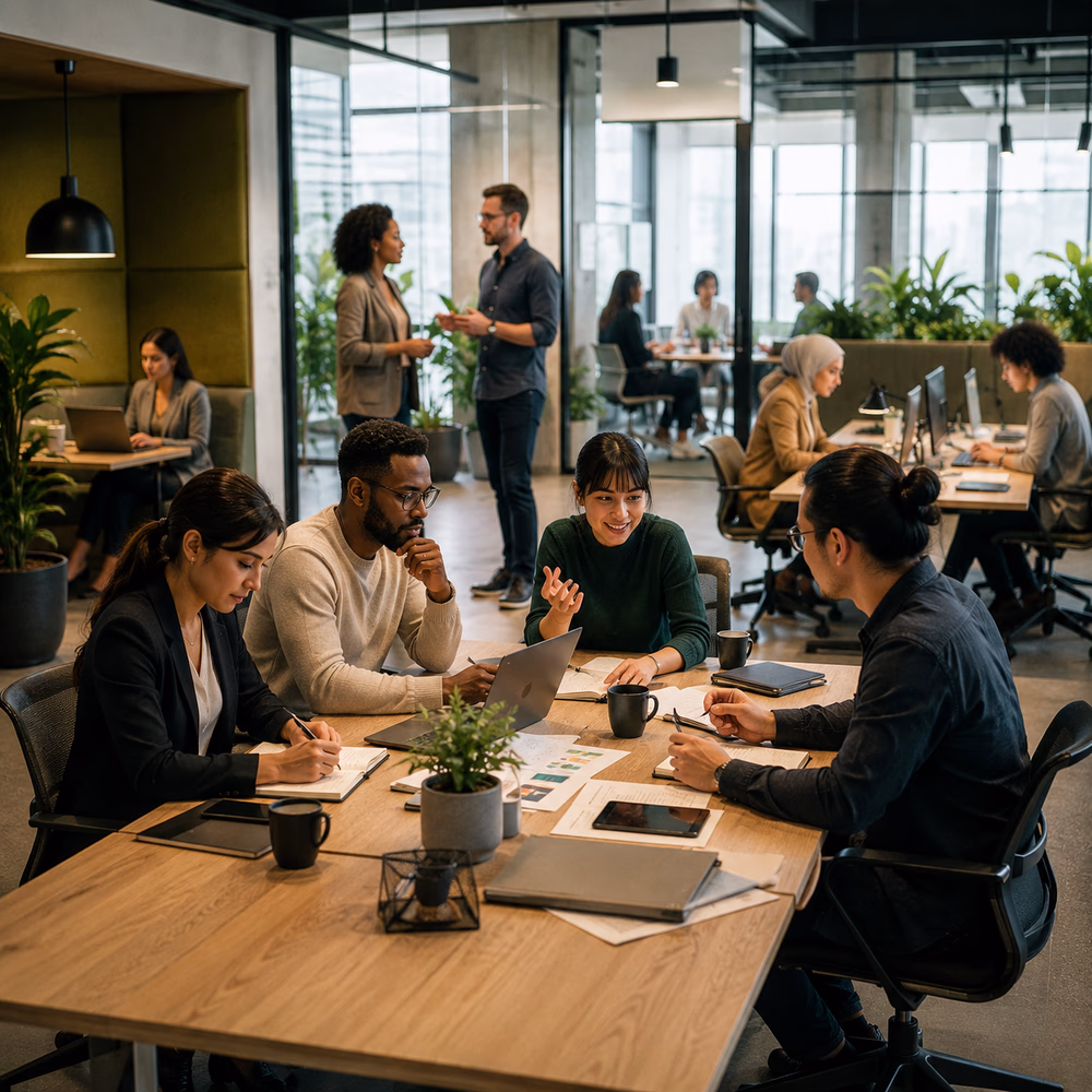 Diverse professionals collaborate in a thoughtfully designed workplace, showing how care-centered systems foster trust, wellbeing, and sustainable performance.