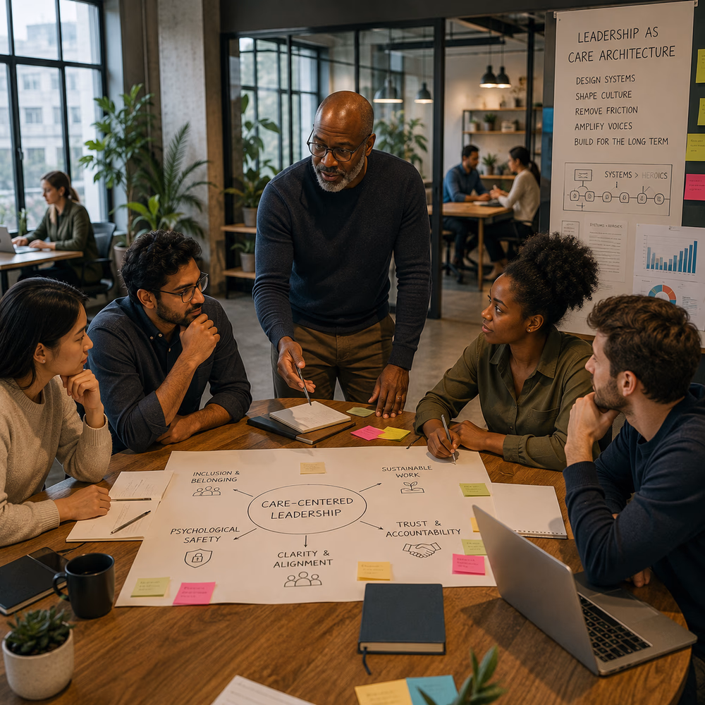Leader guides a collaborative team, illustrating care-centered leadership through thoughtful workplace design and shared responsibility.
