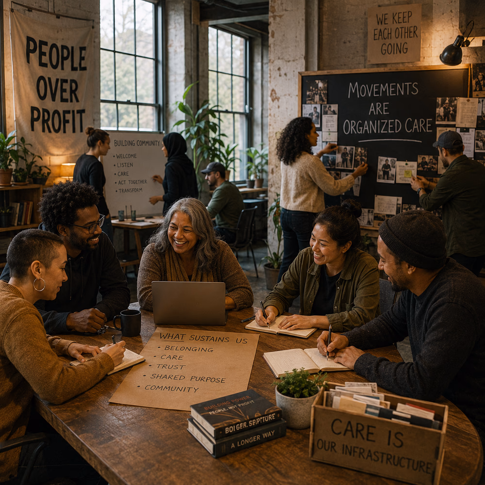 Diverse community members collaborate with care, showing how trust, belonging, and shared purpose sustain lasting social movements.