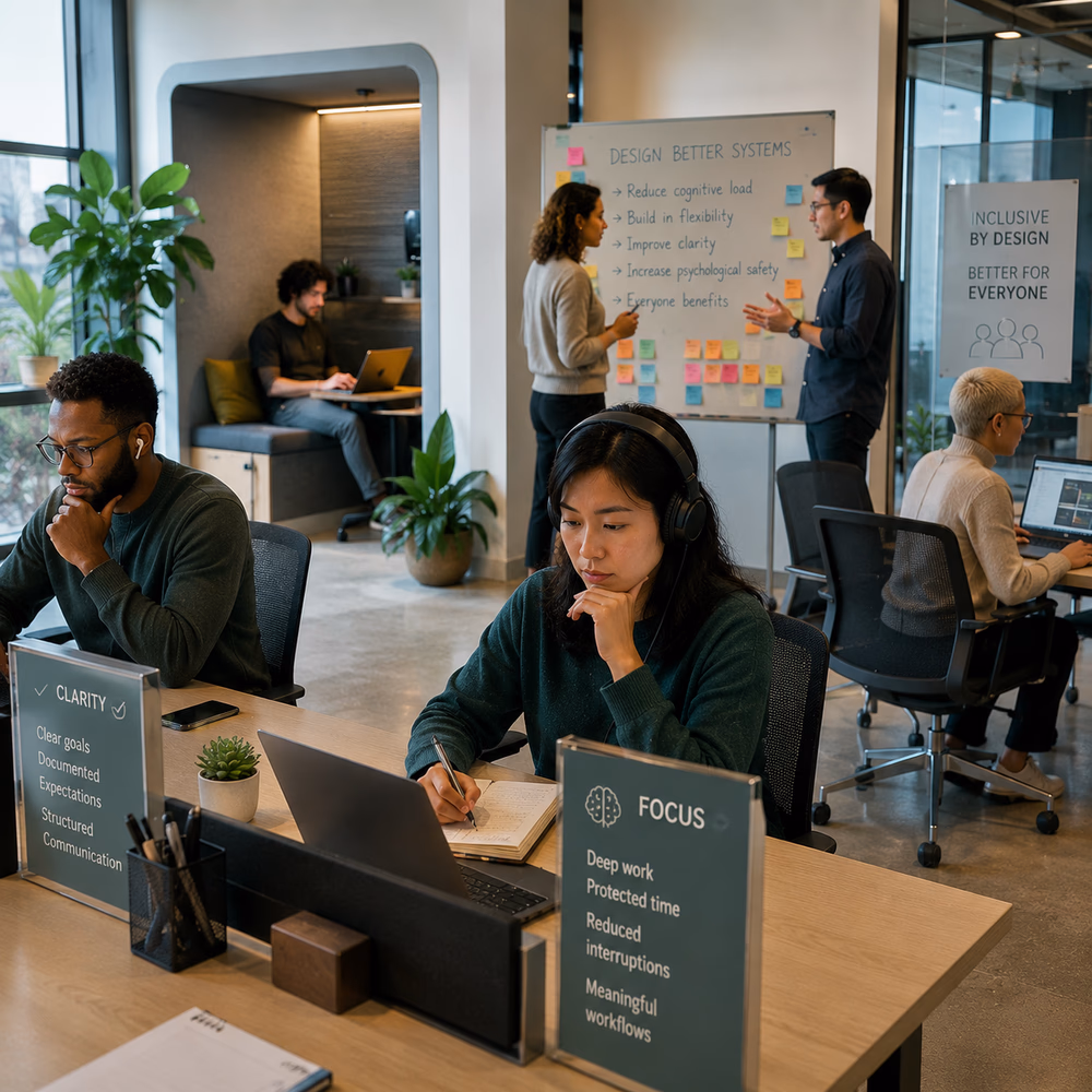 Neurodiverse professionals thrive in an inclusive workplace designed for focus, clarity, accessibility, and sustainable collaboration.