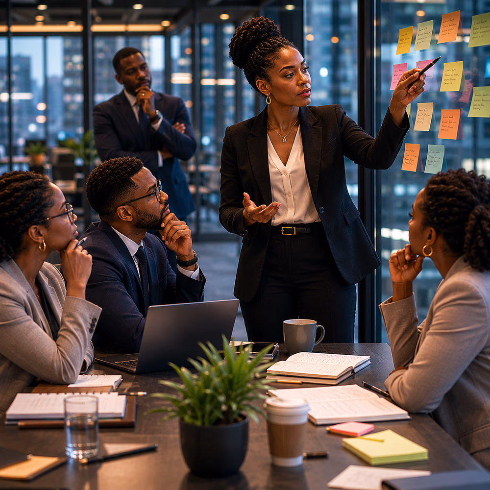 Black executive leads a focused strategy session, illustrating leadership as stewardship of attention, clarity, and mental bandwidth.
