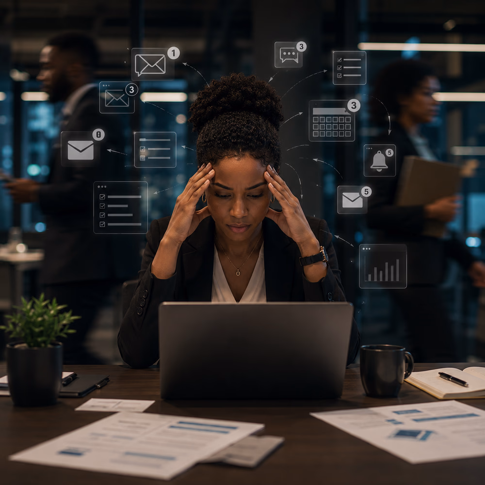 Black professional navigates workplace overload as notifications, interruptions, and competing demands increase cognitive strain.