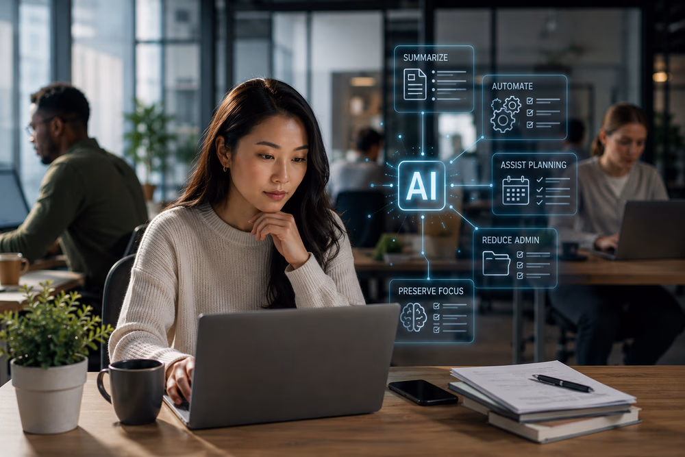 Professional uses AI tools to reduce repetitive work, illustrating technology that protects energy and supports focus.